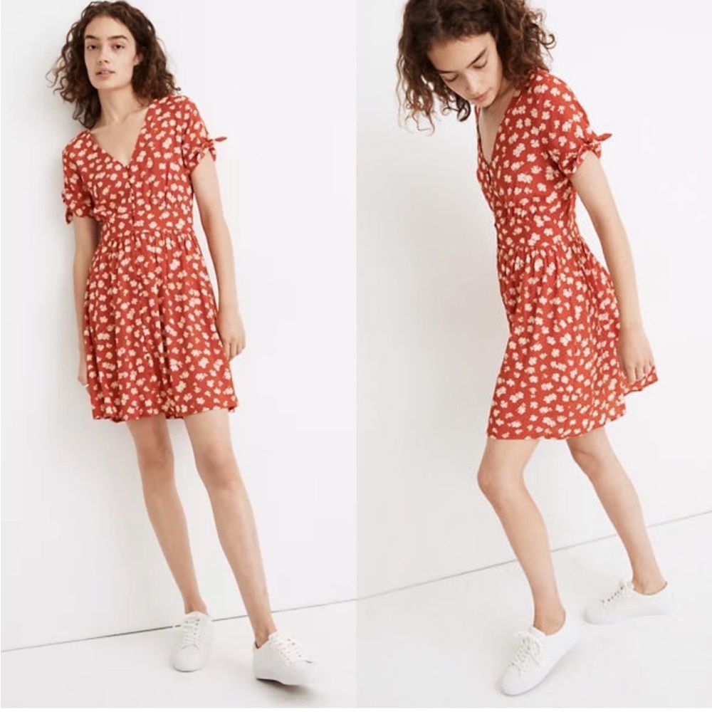 Madewell Rust Floral Tie-Sleeve V-Neck Dress